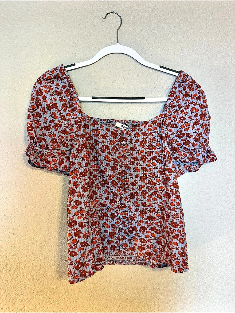Madewell Button-Front Smocked-Back Top in Piccola Floral